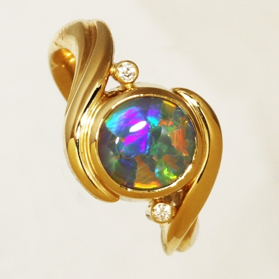 Custom Made 18k Yellow Gold Ring with a SOLID SEMI BLACK OPAL Large rolling flashes of the brightest fire. With VIDEO